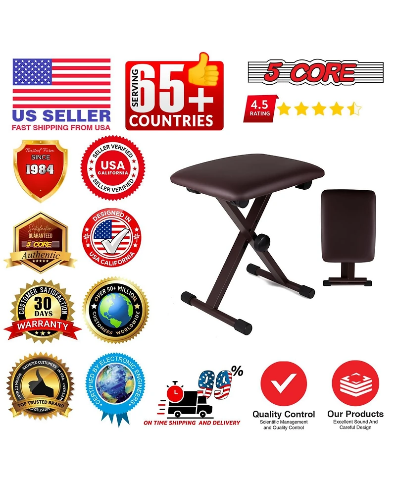 5 Core Keyboard Bench 2" Padded Cushioned Piano Stool Height Adjustable Guitar Seat Folding Portable