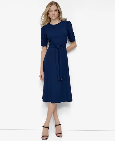 Dkny Women's Ruched-Sleeve Belted Fit and Flare Midi Dress