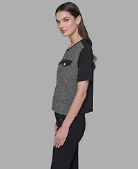 Karl Lagerfeld Paris Women's Tweed Pocket Knit Short Sleeve Top