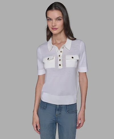 Karl Lagerfeld Paris Women's Short-Sleeve Button-Front Sweater