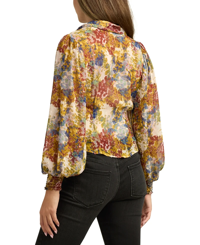 Bcx Juniors Printed Long-Bubble-Sleeve Button-Front Top