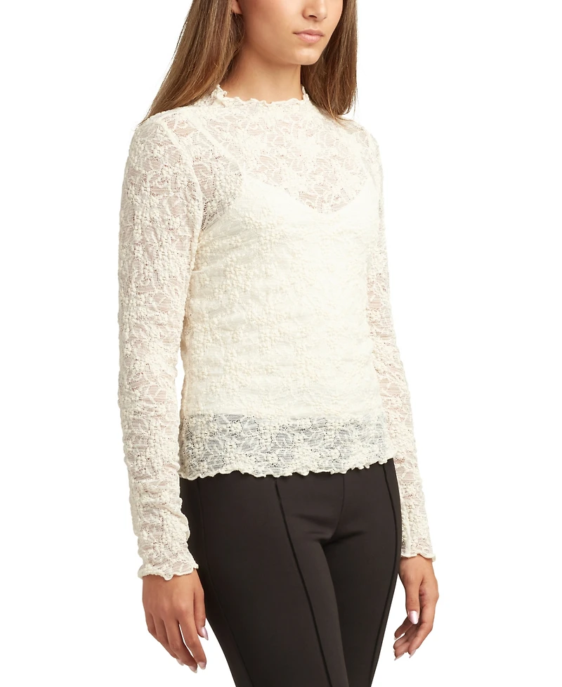 Bcx Juniors Patchwork Mock-Neck Long-Sleeve Lace Top