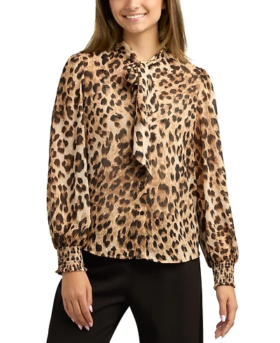 Bcx Juniors Printed Tie-Neck Long-Sleeve Blouse