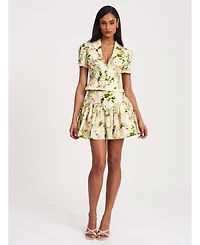 Miss Circle Women Zanella Green Floral Print Lace Trim Linen Top