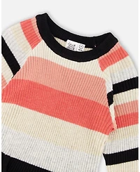 Deux par Girl Striped Knit Dress Beige Black and Pink - Toddler|Child