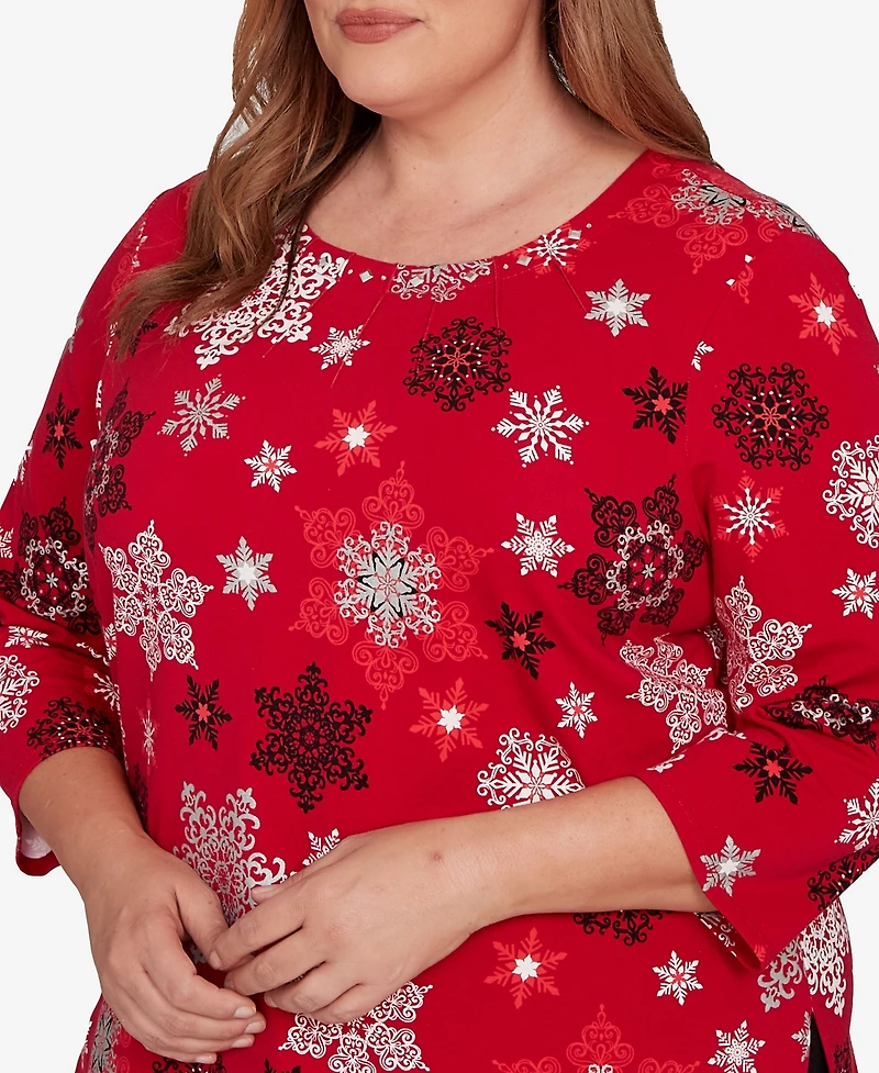 Alfred Dunner Plus Classic Embellished Snowflake Pleated Neck Top