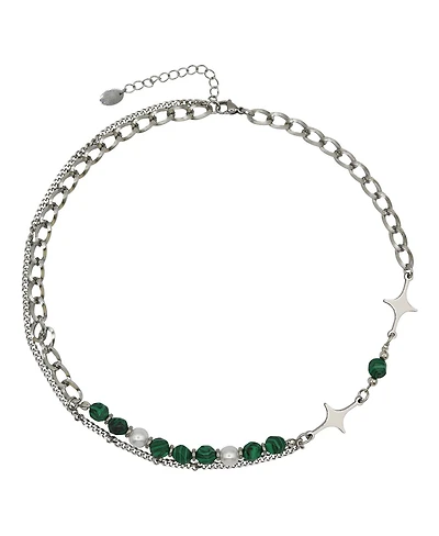 Rebl Jewelry Layered Stainless Steel Green Beaded Neckalce with Star Charms