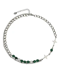 Rebl Jewelry Layered Stainless Steel Green Beaded Neckalce with Star Charms