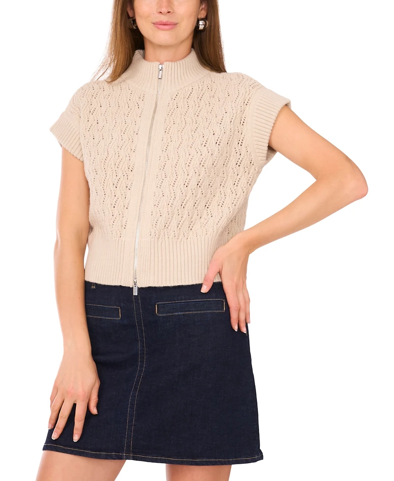Vince Camuto Women's Pointelle Mock-Neck Front Zip Sweater