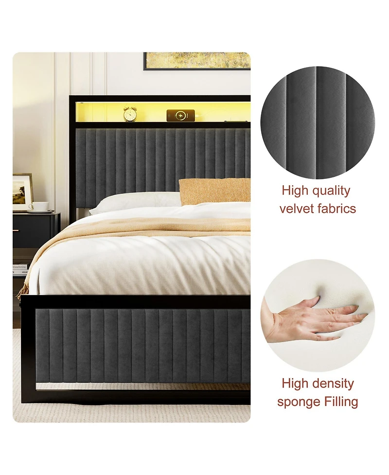 Hausource Upholstered Queen Bed Frame with 2 Storage Drawers, Led Headboard, Usb Ports, Dark Gray