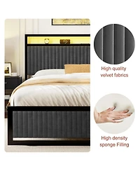 Hausource Upholstered Queen Bed Frame with 2 Storage Drawers, Led Headboard, Usb Ports, Dark Gray