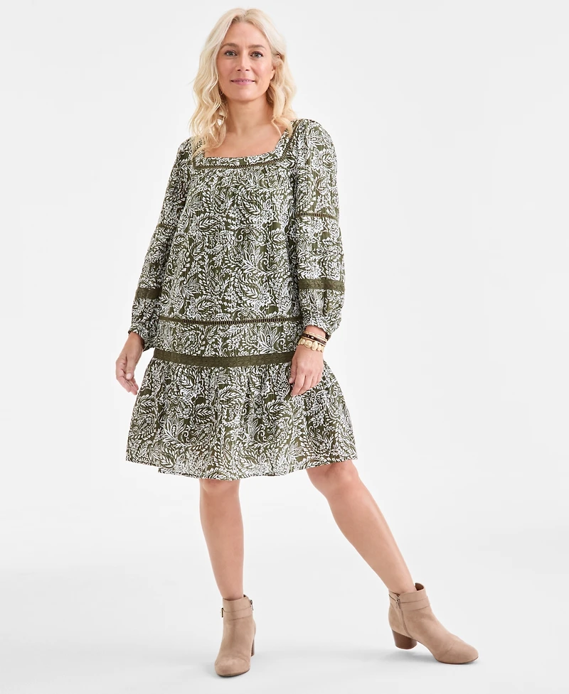 Style & Co Women's Cotton Printed Crochet-Trim Shift Dress, Macy's Exclusive