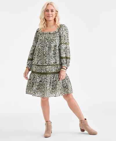 Style & Co Women's Cotton Printed Crochet-Trim Shift Dress, Macy's Exclusive