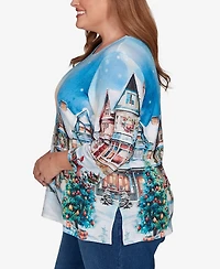 Alfred Dunner Plus Classic Embellished Snow Cabin Village Scene Crew Neck Top