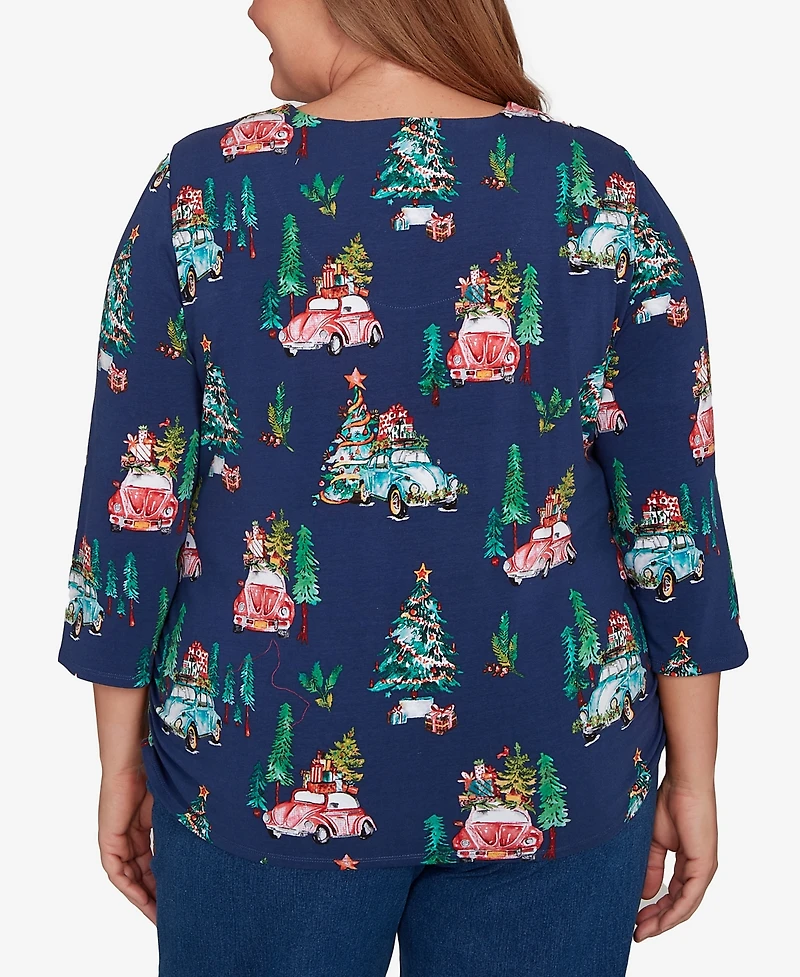 Alfred Dunner Plus Classic Christmas Tree Print Beaded Keyhole Neck Top