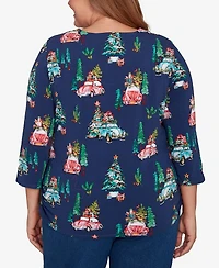 Alfred Dunner Plus Classic Christmas Tree Print Beaded Keyhole Neck Top