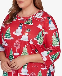 Alfred Dunner Plus Classic Snowmen Printed Crew Neck Top