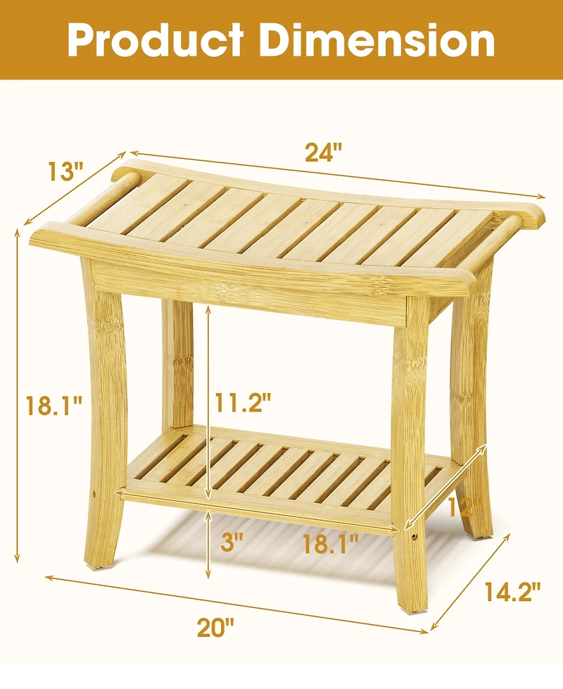 Curved Bamboo Shower Bench with Storage Shelf