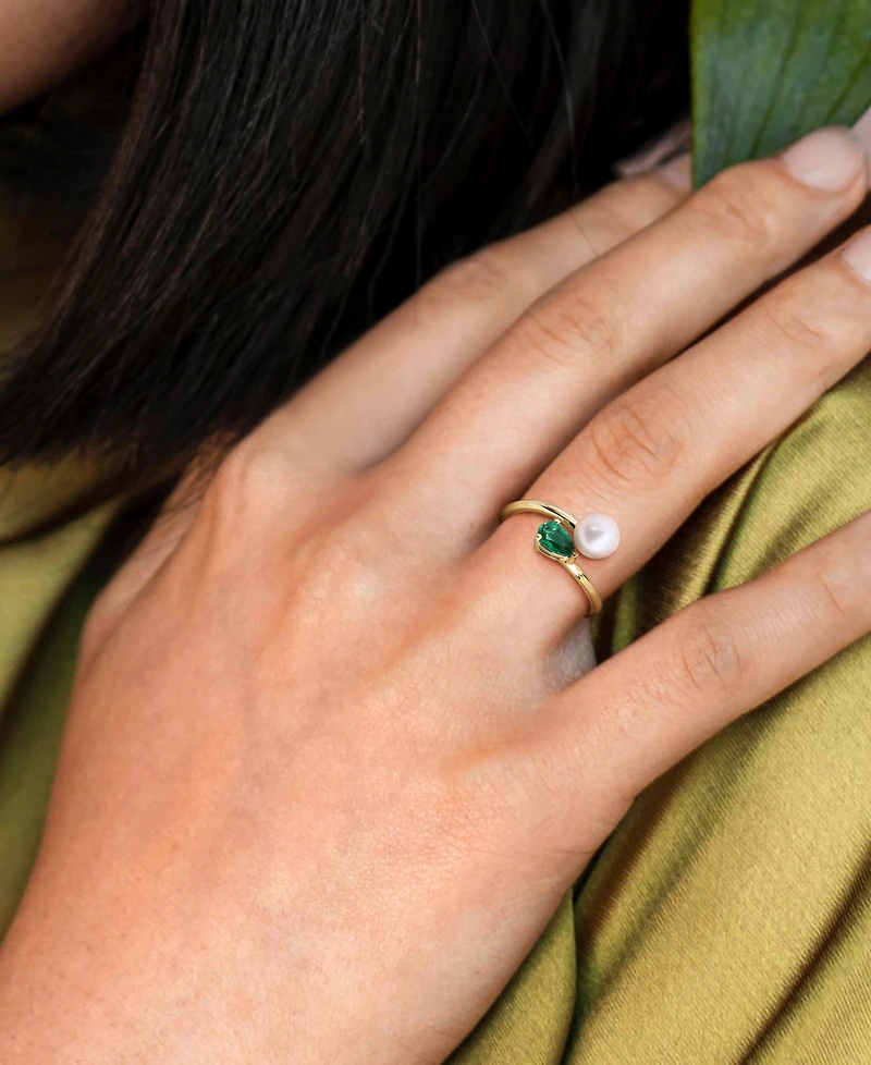 Cultured Freshwater Pearl & Lab-Created Emerald Ring (3/8 ct. t.w.) 18k Gold-Plated Sterling Silver