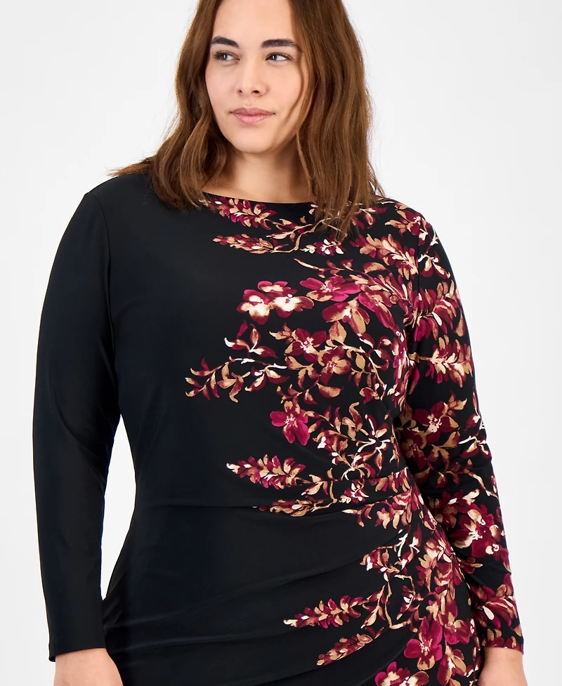 Kasper Plus Printed Long-Sleeve Sheath Dress