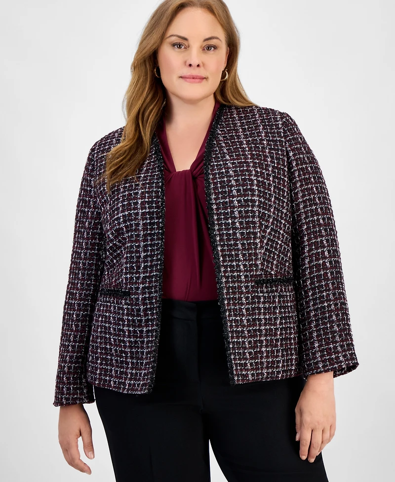 Kasper Plus Tweed Collarless Open-Front Jacket