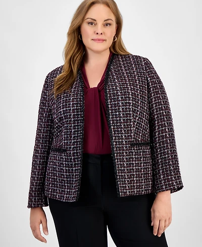 Kasper Plus Tweed Collarless Open-Front Jacket