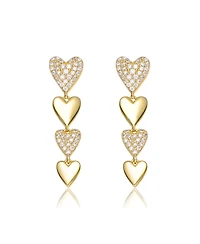Sterling Silver 14k Yellow Gold Plated with Cubic Zirconia Double Stampato Heart Dangle Earrings