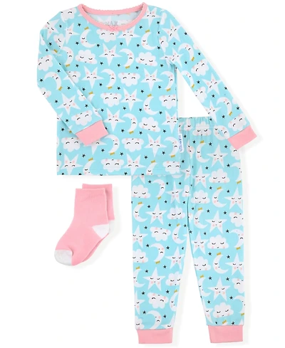 Max & Olivia Baby and Toddler Girls 2-Piece Moon Stars Pajama with Socks Set