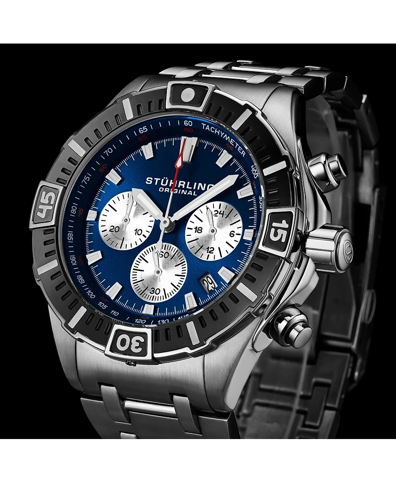 Stuhrling 1022 Men s Chronograph Watch Quartz Movement Blue Dial Silver Subdials Black Bezel Stainless Steel Bracelet 50M Water Resistant Date Window