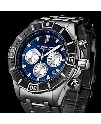 Stuhrling 1022 Men s Chronograph Watch Quartz Movement Blue Dial Silver Subdials Black Bezel Stainless Steel Bracelet 50M Water Resistant Date Window