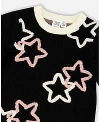 Deux par Girl Long Sleeve Knit Dress Black with Stars - Child