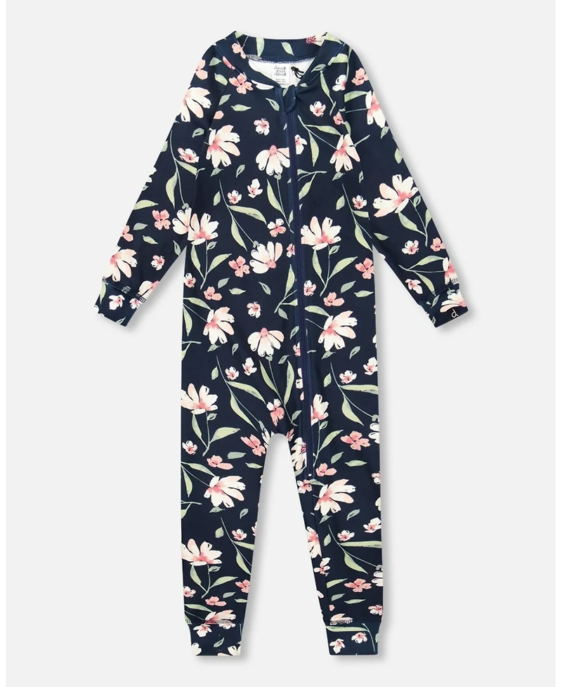 Deux par Baby Girls One-Piece Thermal Underwear Navy Flower Print