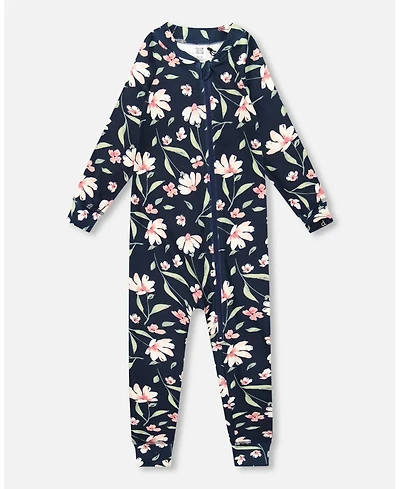 Deux par Baby Girls One-Piece Thermal Underwear Navy Flower Print