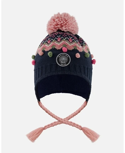 Deux par Girl Lined Peruvian Knit Pompom Hat Navy Blue and Pink - Toddler|Child