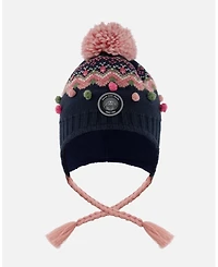 Deux par Girl Lined Peruvian Knit Pompom Hat Navy Blue and Pink - Toddler|Child