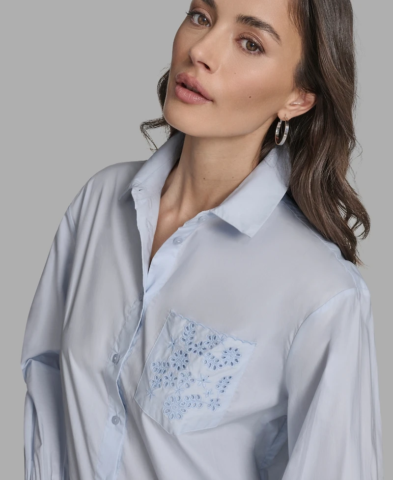 Bcbg Women's Long Sleeve Button-Up Embroidered Top