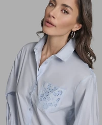 Bcbg Women's Long Sleeve Button-Up Embroidered Top