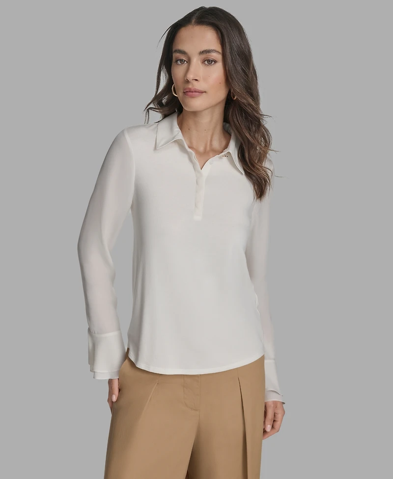 Bcbg Women's Long Sleeve Ruffle-Cuff Collared Top