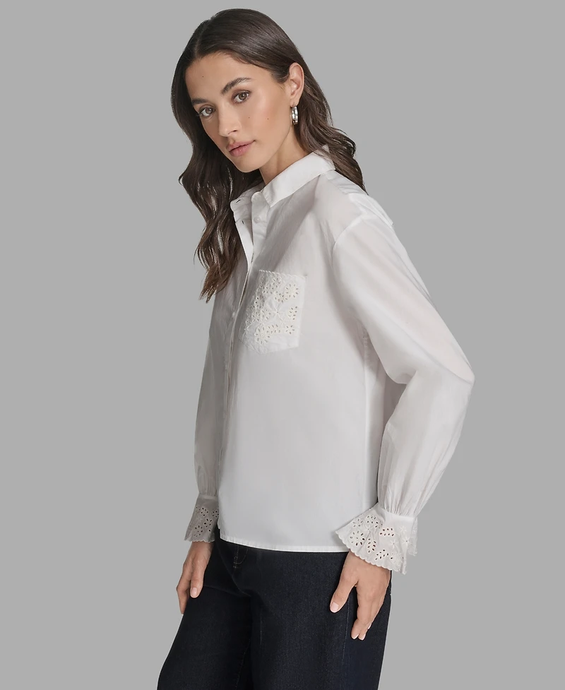 Bcbg Women's Long Sleeve Button-Up Embroidered Top