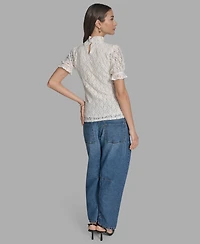 Bcbg Women's Short Sleeve Lace Ruffle Top
