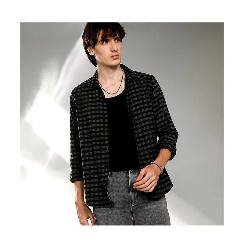 Campus Sutra Men's Seaweed Green & Charcoal Black Gingham Shirt