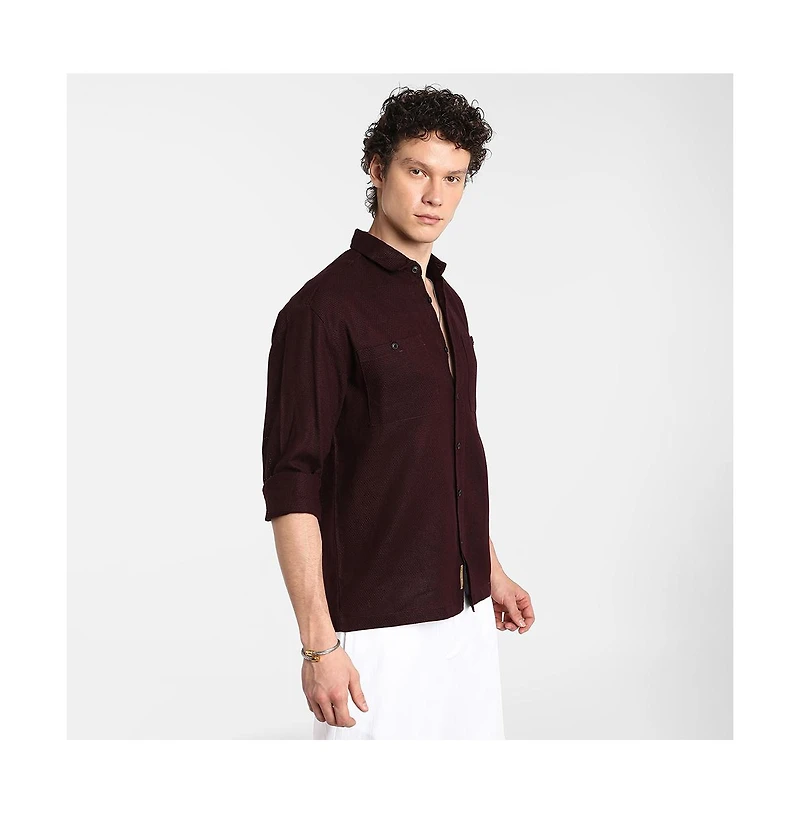 Campus Sutra Men's Burgundy Red Solid Utility Shirt