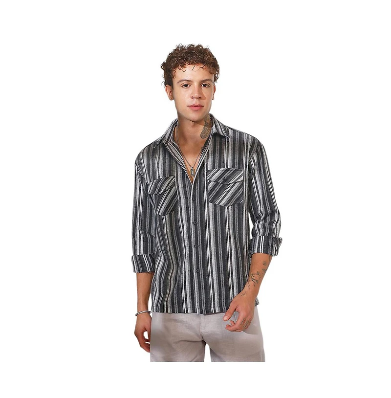 Campus Sutra Men's Charcoal Grey Multitrack Striped Oversized Shirt