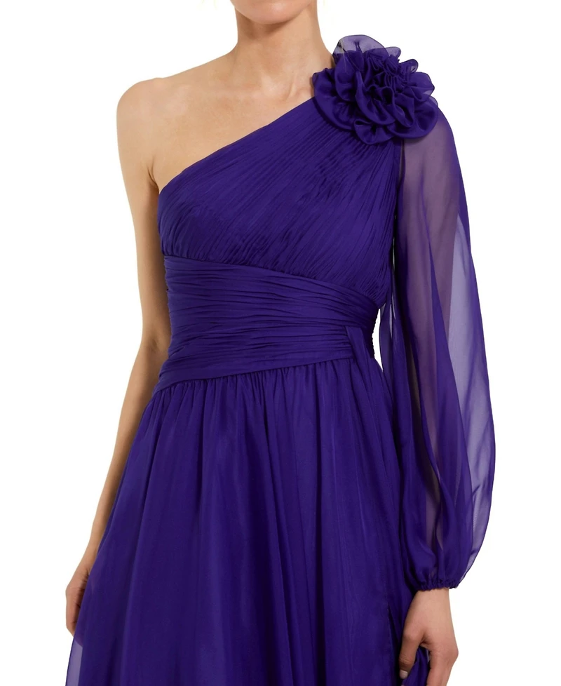 Mac Duggal Women's One Sleeve Ruched Chiffon Gown With 3D Flower