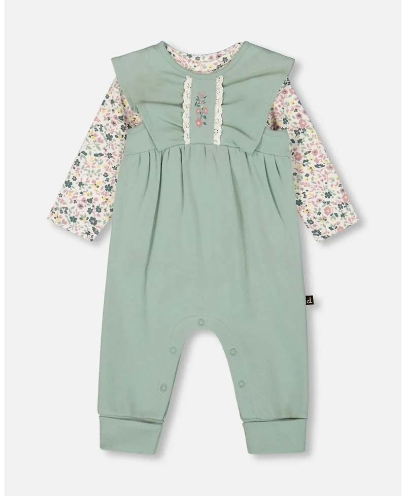 Deux par Baby Girl Cotton Bodysuit and Sleeveless Overalls Set Jade Green