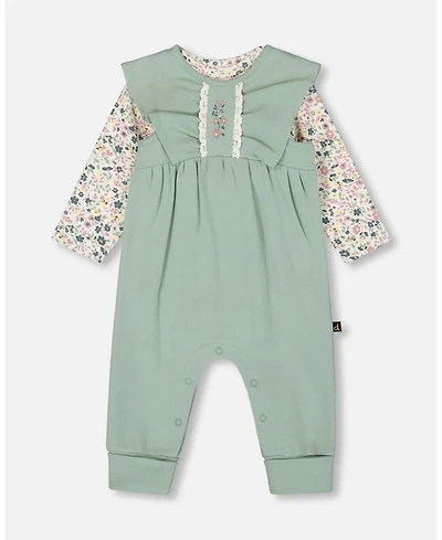 Deux par Baby Girl Cotton Bodysuit and Sleeveless Overalls Set Jade Green