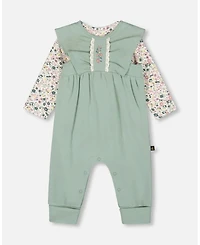 Deux par Baby Girl Cotton Bodysuit and Sleeveless Overalls Set Jade Green