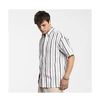 Campus Sutra Men's Ivory White & Burgundy Red Pencil-Striped Shirt