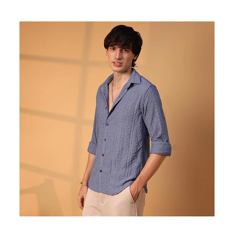 Campus Sutra Men's Stone Blue Aztec-Textured Shirt