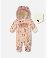 Deux par Baby Girl One-Piece Layette Snowsuit Designed for Car Seat Pink Printed Animal